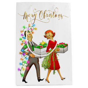 Sacola Para Presentes Média Casal de 1950 Feliz Natal