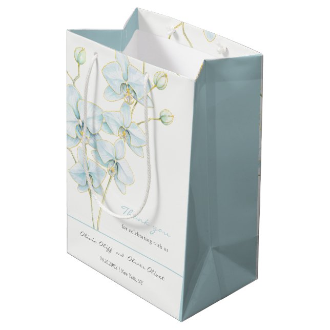 Sacola Para Presentes Média Casamento com Orquídea Azul Suave (Verso inclinado)