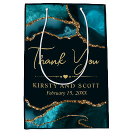 Sacola Para Presentes Média Casamento de Ágata Falsa Brilhante Azul e Dourado
