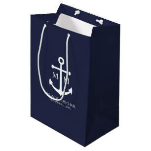 Sacola Para Presentes Média Casamento de Âncora Azul Marinho Náutico
