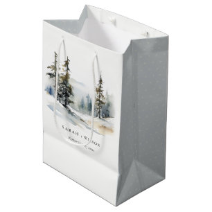 Sacola Para Presentes Média Casamento de Aquarela de Pinheiros de Inverno