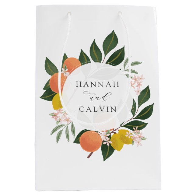 Sacola Para Presentes Média Casamento de Citros e Verdor (Frente)