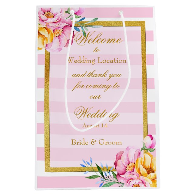 Sacola Para Presentes Média Casamento de Flor de Quadro Dourado com Faixa Rosa (Frente)