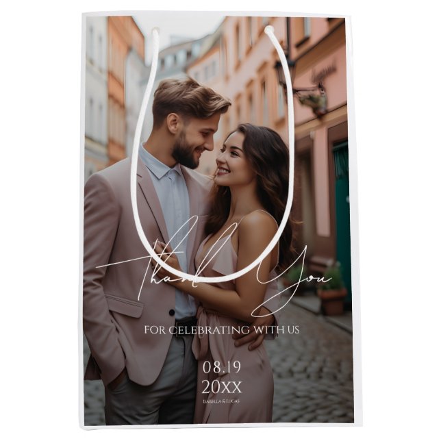 Sacola Para Presentes Média Casamento de Fotos Personalizado Moderno (Frente)