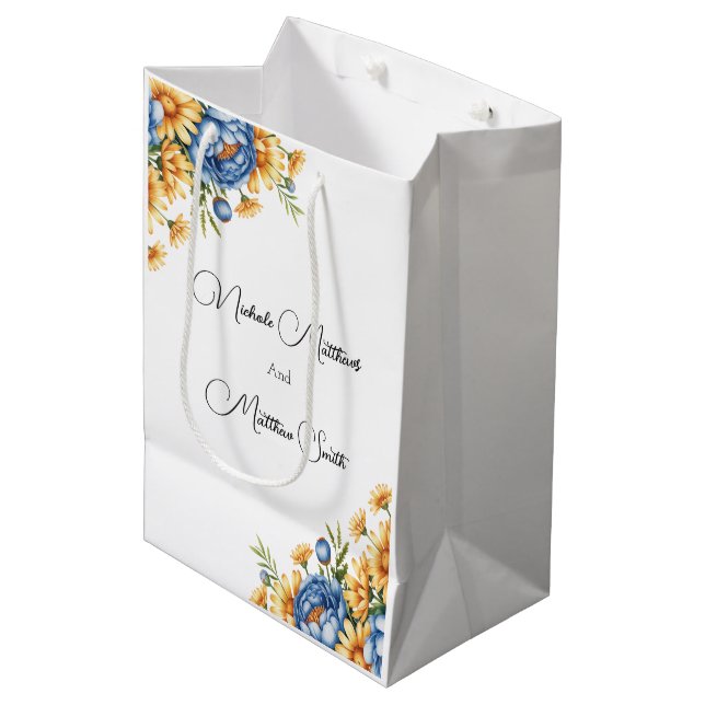 Sacola Para Presentes Média Casamento de margarida amarela azul de peônias (Frente inclinada)