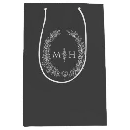 Sacola Para Presentes Média Casamento de monograma de coroa oval de folha bran