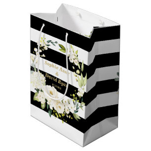 Sacola Para Presentes Média Casamento de Stripes Flóridas Florais Brancas de W