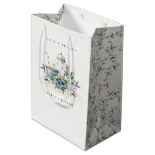 Sacola Para Presentes Média Casamento de Taça Floral Azul Aqua Azul Elegante