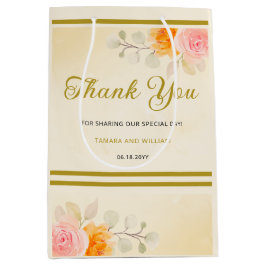 Sacola Para Presentes Média Casamento Floral Elegante Watercolor Dourado Obrig