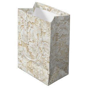 Sacola Para Presentes Média Casamento Floral Marfim Creme Romântico