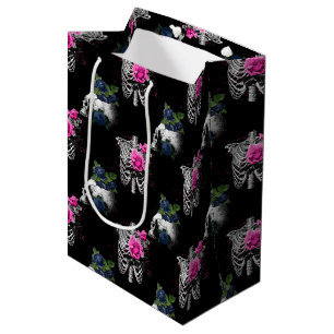 Sacola Para Presentes Média Casamento Gótico de Caveiras Florais Rosa e Azul M