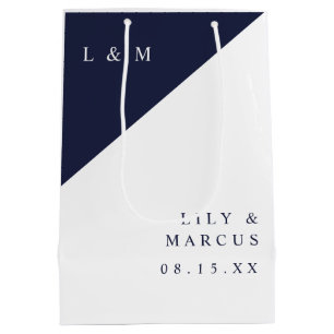 Sacola Para Presentes Média Casamento Minimalista Azul Marinho e Branco