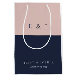 Sacola Para Presentes Média Casamento Moderno Azul-Marinho Blush