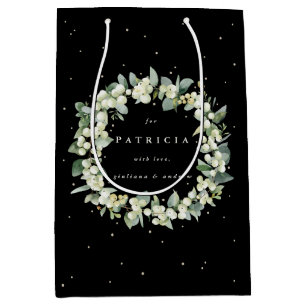 Sacola Para Presentes Média Casamento Personalizado Preto Snowberry+Eucalipto