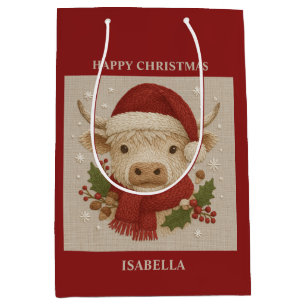 Sacola Para Presentes Média Casca russa com Vaca Highland com Santa Hat