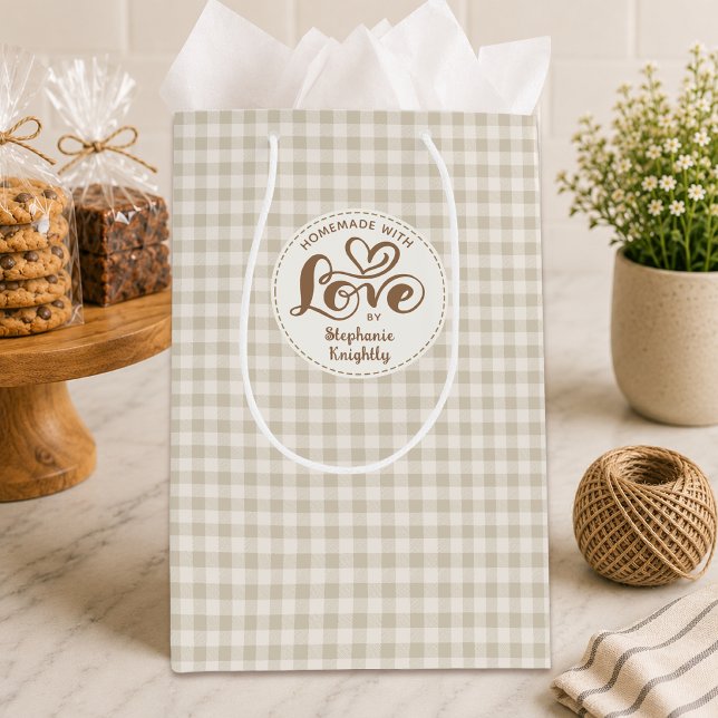 Sacola Para Presentes Média Caseiro com Amor Xadrez Gingham Neutro (Criador carregado)