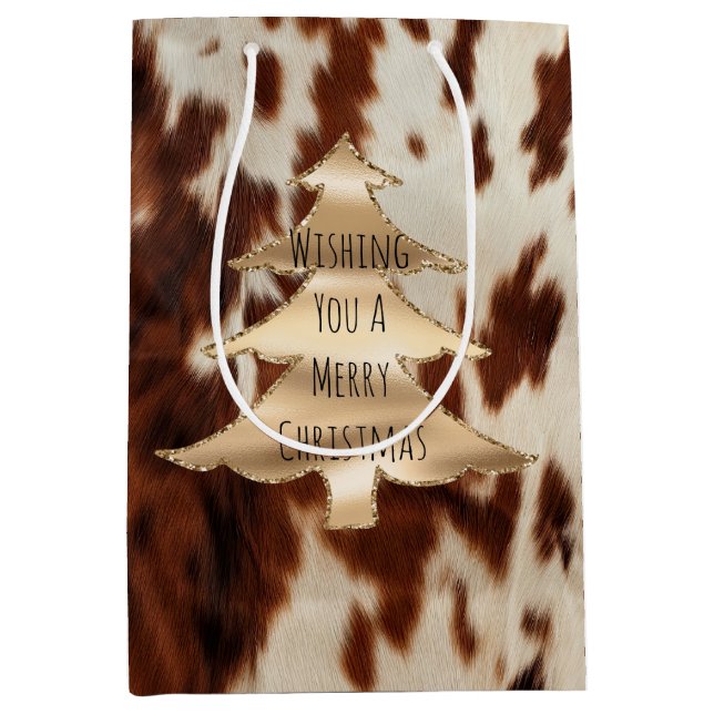Sacola Para Presentes Média Castanho Cream Western Cowhide Christmas (Frente)