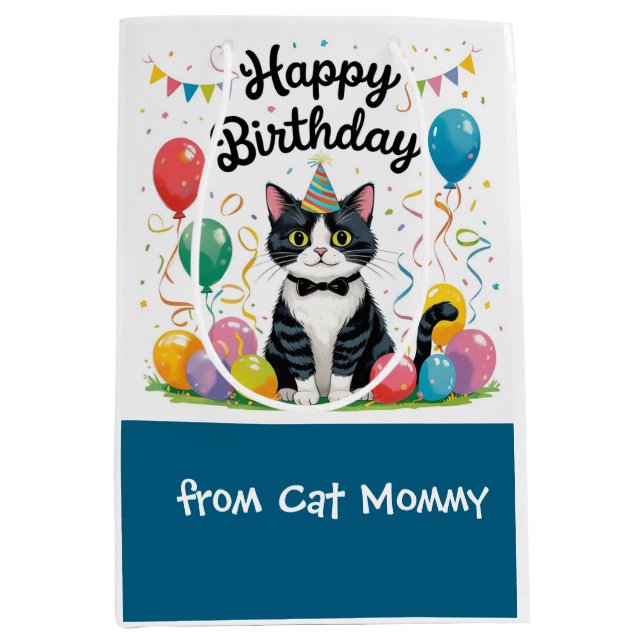 Sacola Para Presentes Média Cat Birthday themed for tuxedo Cat lovers (Frente)