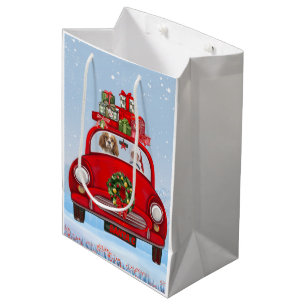 Sacola Para Presentes Média Cavalier King Dog Em Carro Com Papai Noel