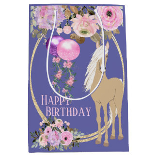 Sacola Para Presentes Média Cavalo Bonito e Flores Rosa Aniversário Periwinkle
