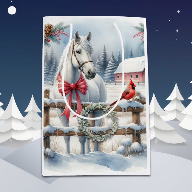 Sacola Para Presentes Média Cavalo de Natal Branco e Cardeal (Criador carregado)