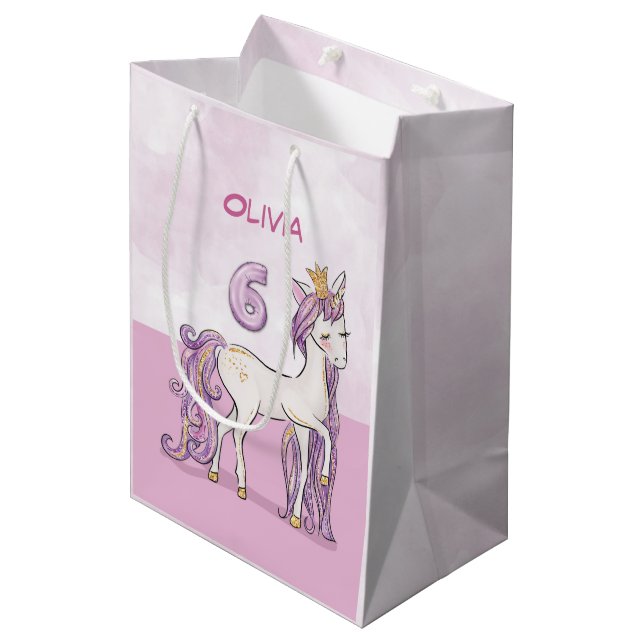 Sacola Para Presentes Média Cavalo Rosa De Aniversário Com 6 De Nome Personali (Frente inclinada)
