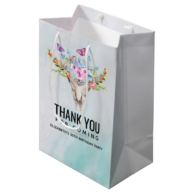 Sacola Para Presentes Média Caveira Animal Boho com Borboletas e Flores (Frente inclinada)