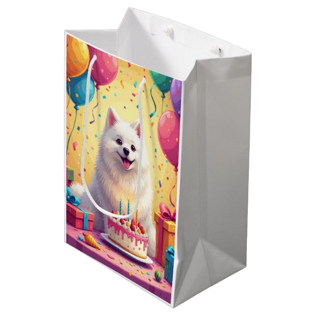 Sacola Para Presentes Média Celebração de Aniversário de Samoyed (Frente inclinada)