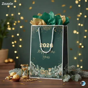 Sacola Para Presentes Média Celebração de Ano Novo 20XX Elegante Verde Dourado