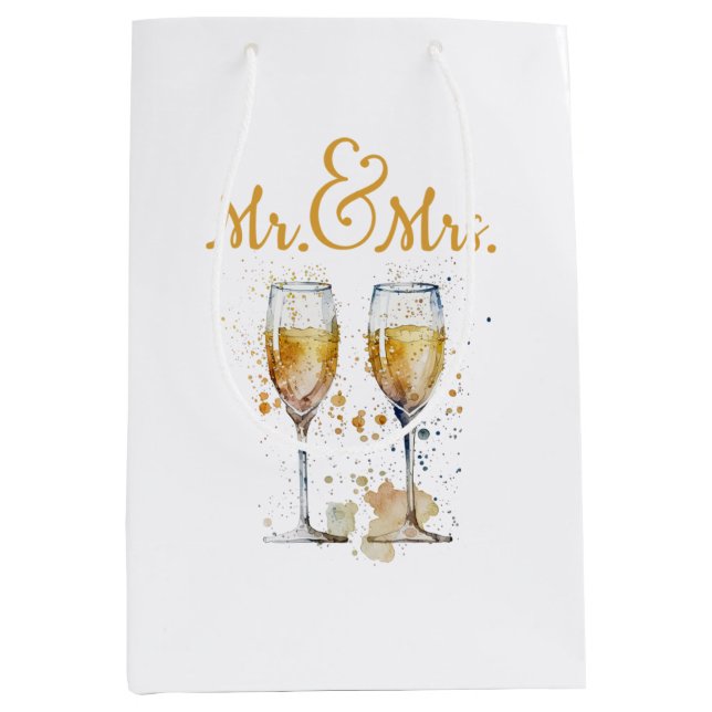 Sacola Para Presentes Média Celebração do Sr. e da Sra. Champagne (Frente)