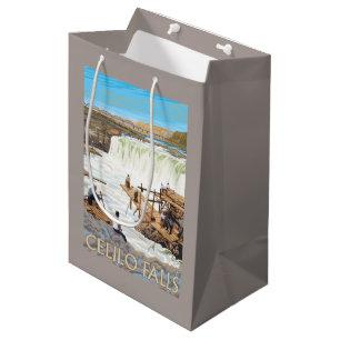 Sacola Para Presentes Média Celilo cai poster das viagens vintage da pesca