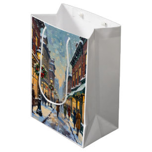 Sacola Para Presentes Média Cena de rua de cidade natalina vintage com neve