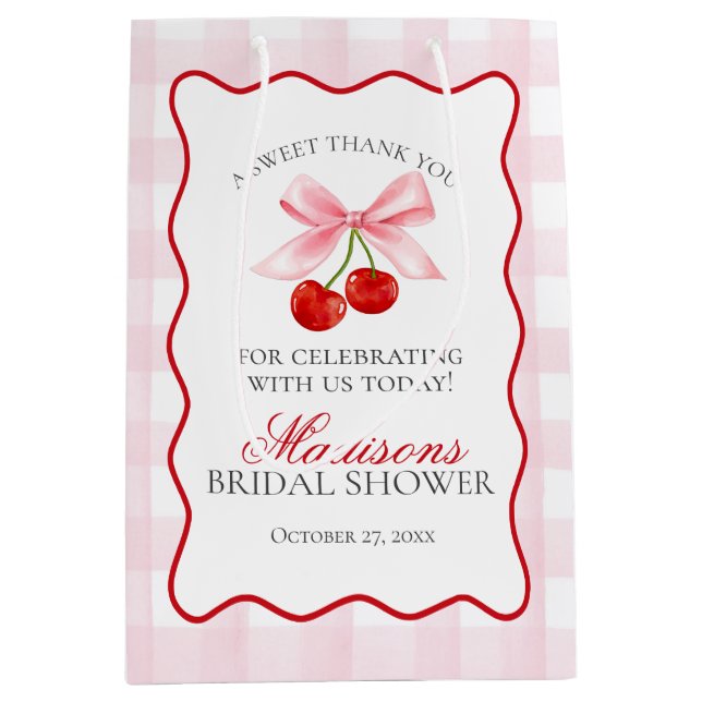 Sacola Para Presentes Média Cereja Doce Favor de Noivado de Arco Coquete Rosa (Frente)