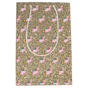 Sacola Para Presentes Média Cerne de Unicórnio Arco-íris Dourado Brilho Lumes