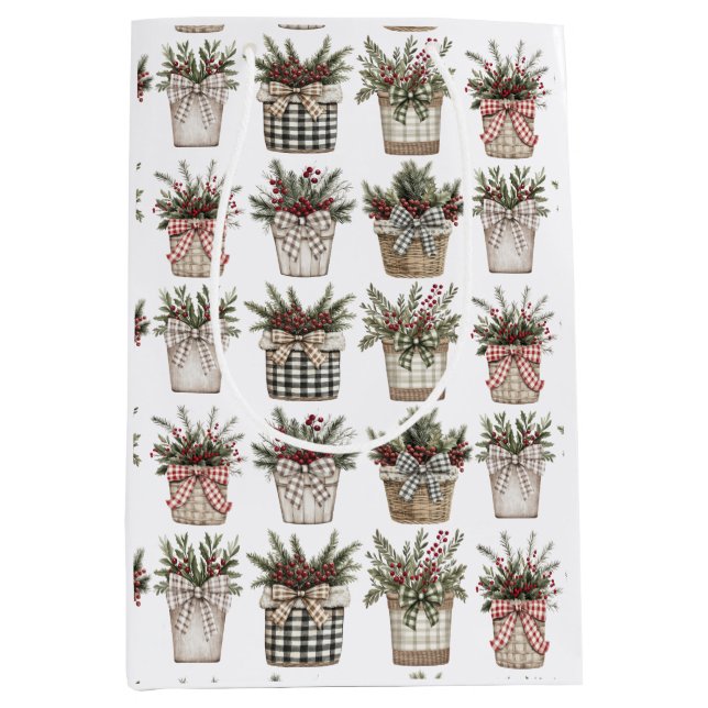 Sacola Para Presentes Média Cesta de Xadrez de Buffalo | Farmhouse Christmas (Frente)