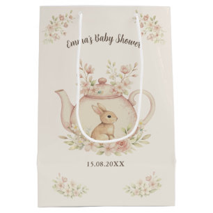 Sacola Para Presentes Média Chá de Bebê Coelho Neutro & Bule Floral