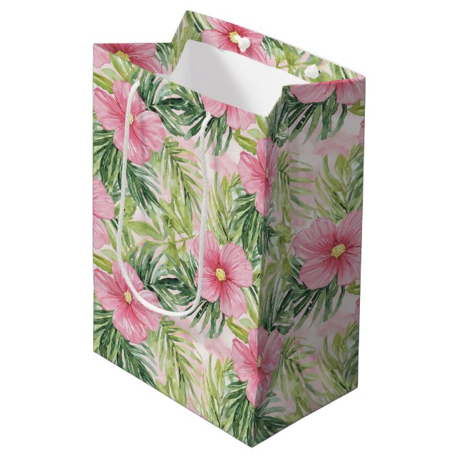 Sacola Para Presentes Média Chá de Bebê de Flores Rosa Tropical (Frente inclinada)