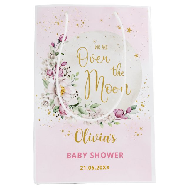 Sacola Para Presentes Média Chá de Bebê Flor de Lua Rosa (Frente)