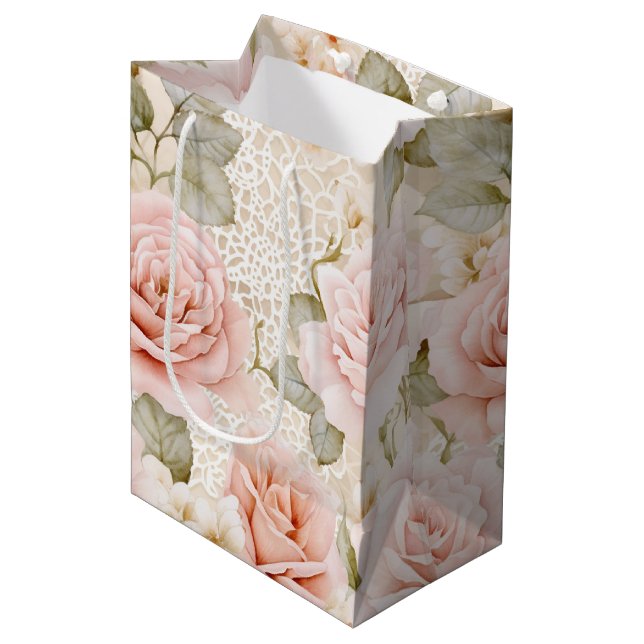 Sacola Para Presentes Média Chá de Bebê Floral Rosa Bege (Frente inclinada)