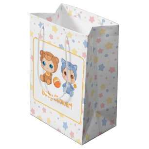 Sacola Para Presentes Média Chá de Bebê Gêmeos Gato Urso Estrelas