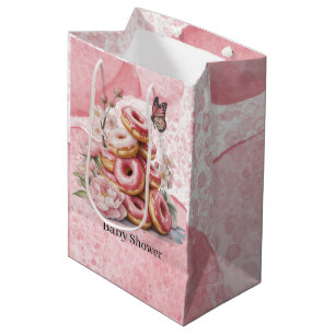 Sacola Para Presentes Média Chá de Bebê Menina Borboleta Floral e Donuts Rosas