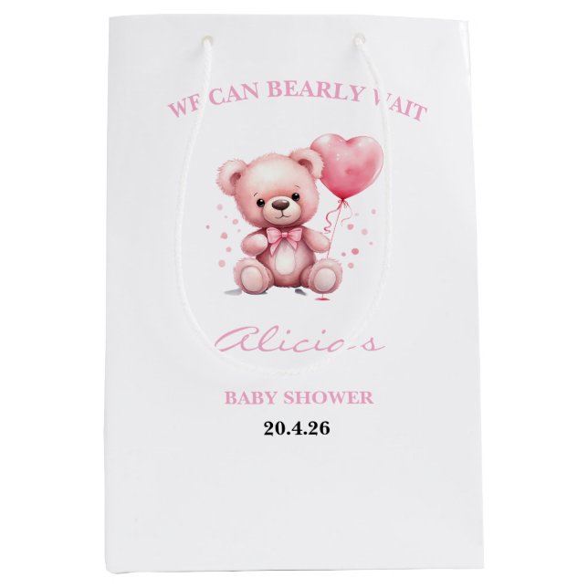 Sacola Para Presentes Média Chá de Bebê Urso Teddy Rosa (Frente)