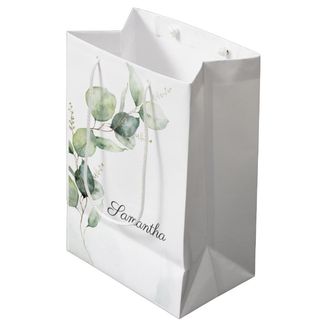 Sacola Para Presentes Média Chá de fraldas Botânico Eucalyptus Greenery (Frente inclinada)