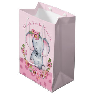 Sacola Para Presentes Média Chá de fraldas de Elefante Floral Cor de Água Cint