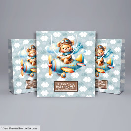 Sacola Para Presentes Média Chá de fraldas Do Urso Marrom Azul Com Nome