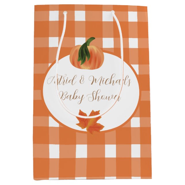 Sacola Para Presentes Média Chá de fraldas Pumpkin de Orange Gingham (Frente)