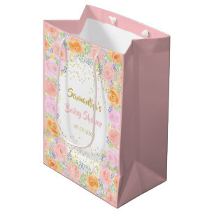 Sacola Para Presentes Média Chá de fraldas Rosa Rosa Rosas Aquarela Rico Flora