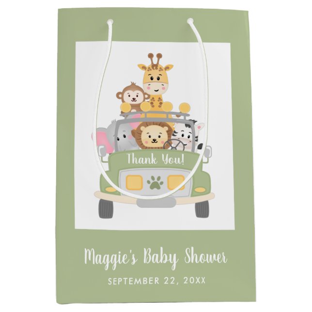 Sacola Para Presentes Média Chá de fraldas Safari Cute Obrigado (Frente)