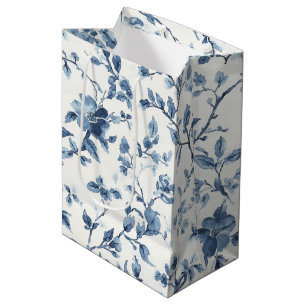 Sacola Para Presentes Média Chá de Noiva Floral Branco Azul