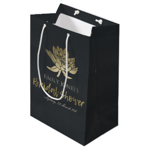 SACOLA PARA PRESENTES MÉDIA CHÁ DE PANELA FLORAL PRETO DOURADO GLAMOROSO DE